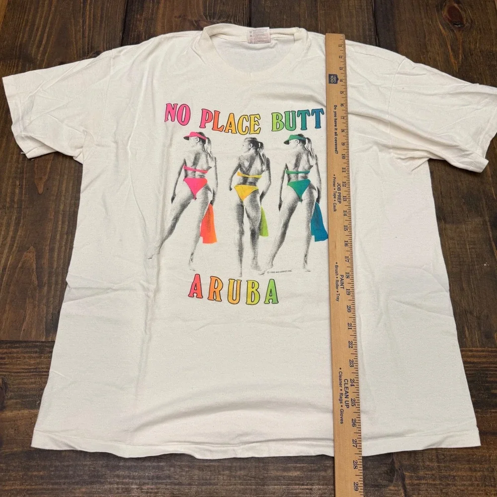 Vintage 1990 No Place Butt Aruba T Shirt Hanes Heavyweight XL Single Stitch Neon - Picture 5 of 7